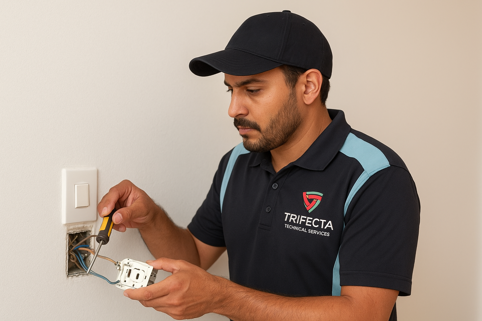 Professional Trifecta electricians repairing a wall switch