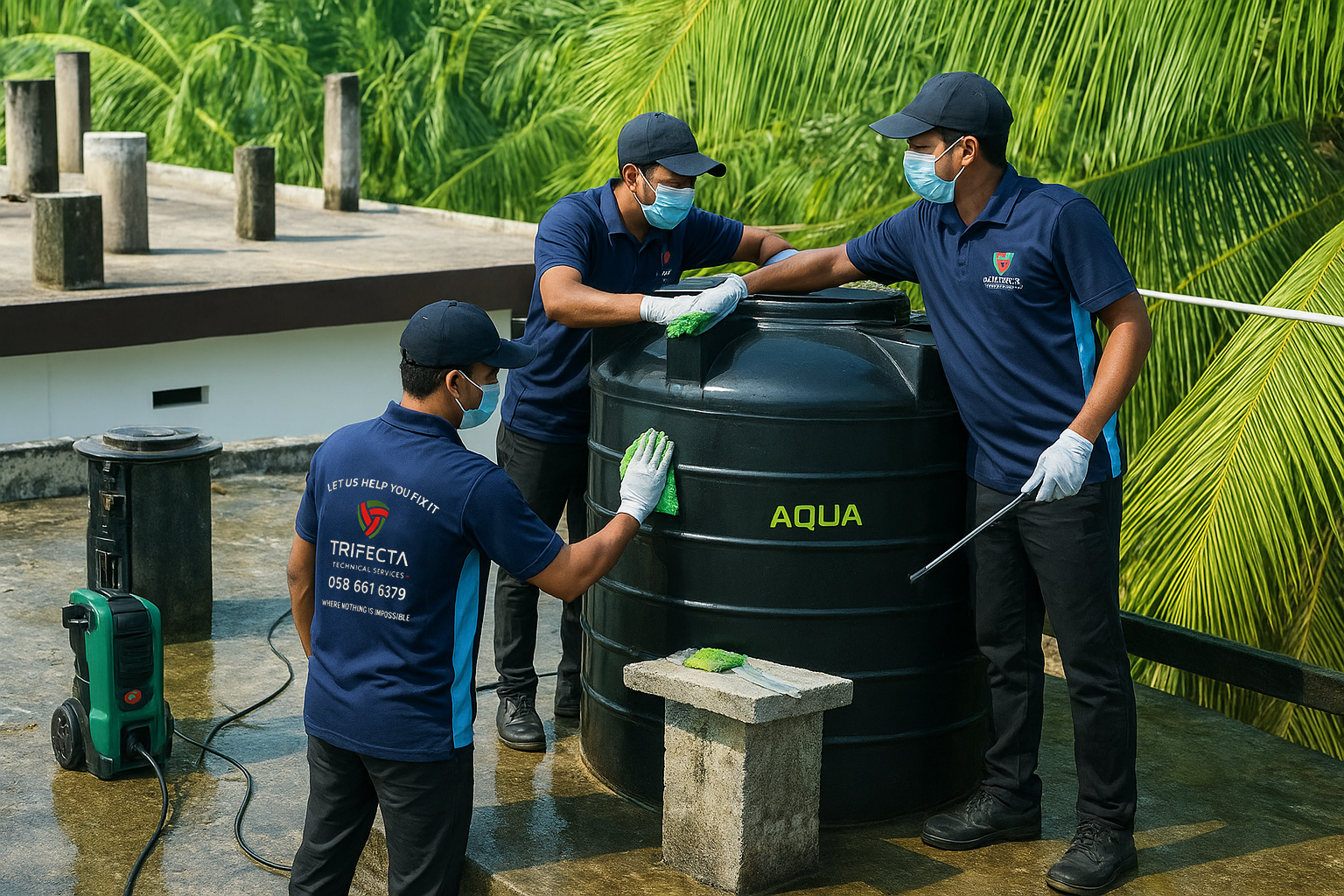 Trifecta team cleaning water tank in Dubai.