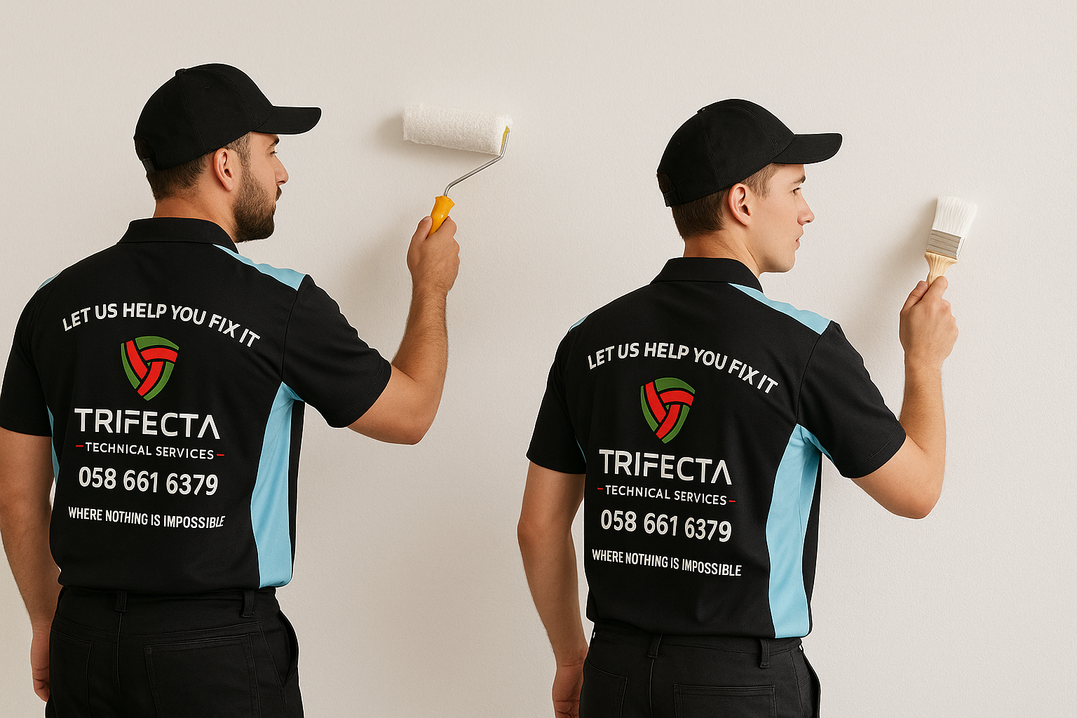 Trifecta painters working on a wall with paint roller and brush.