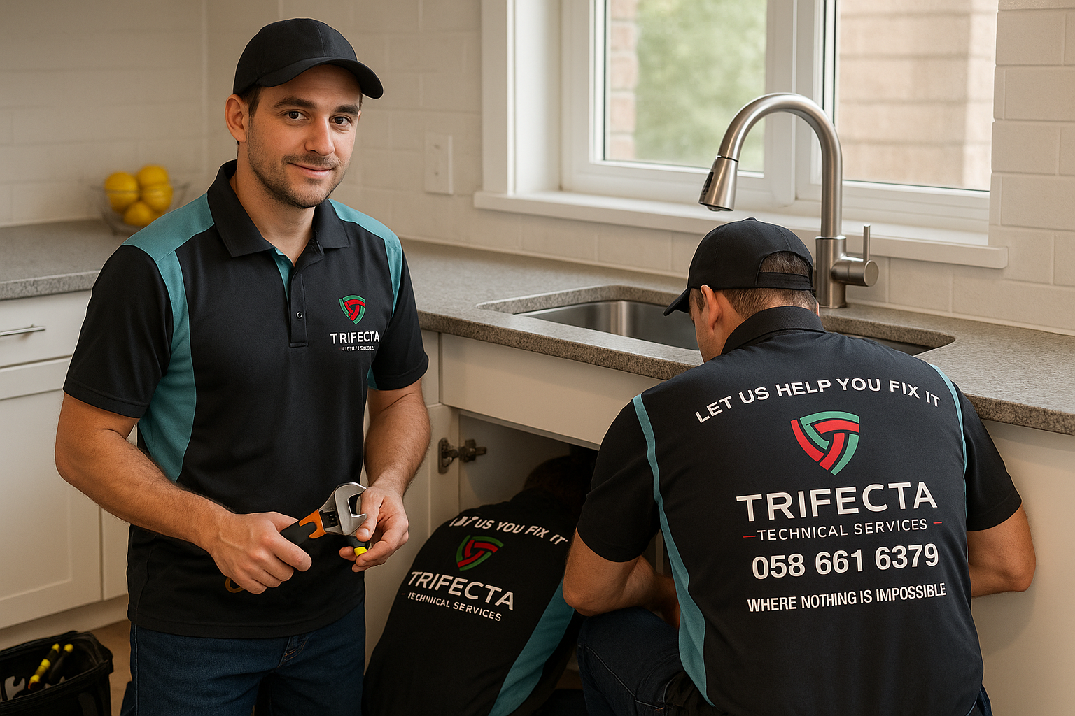 Trifecta plumbers fixing a kitchen sink with tools